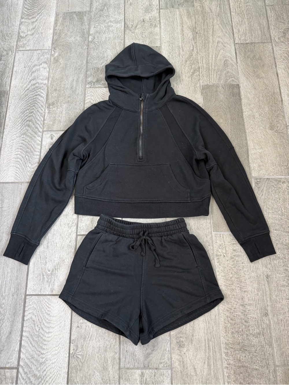 Black Half-Zip Hoodie & Drawstring Shorts Set
